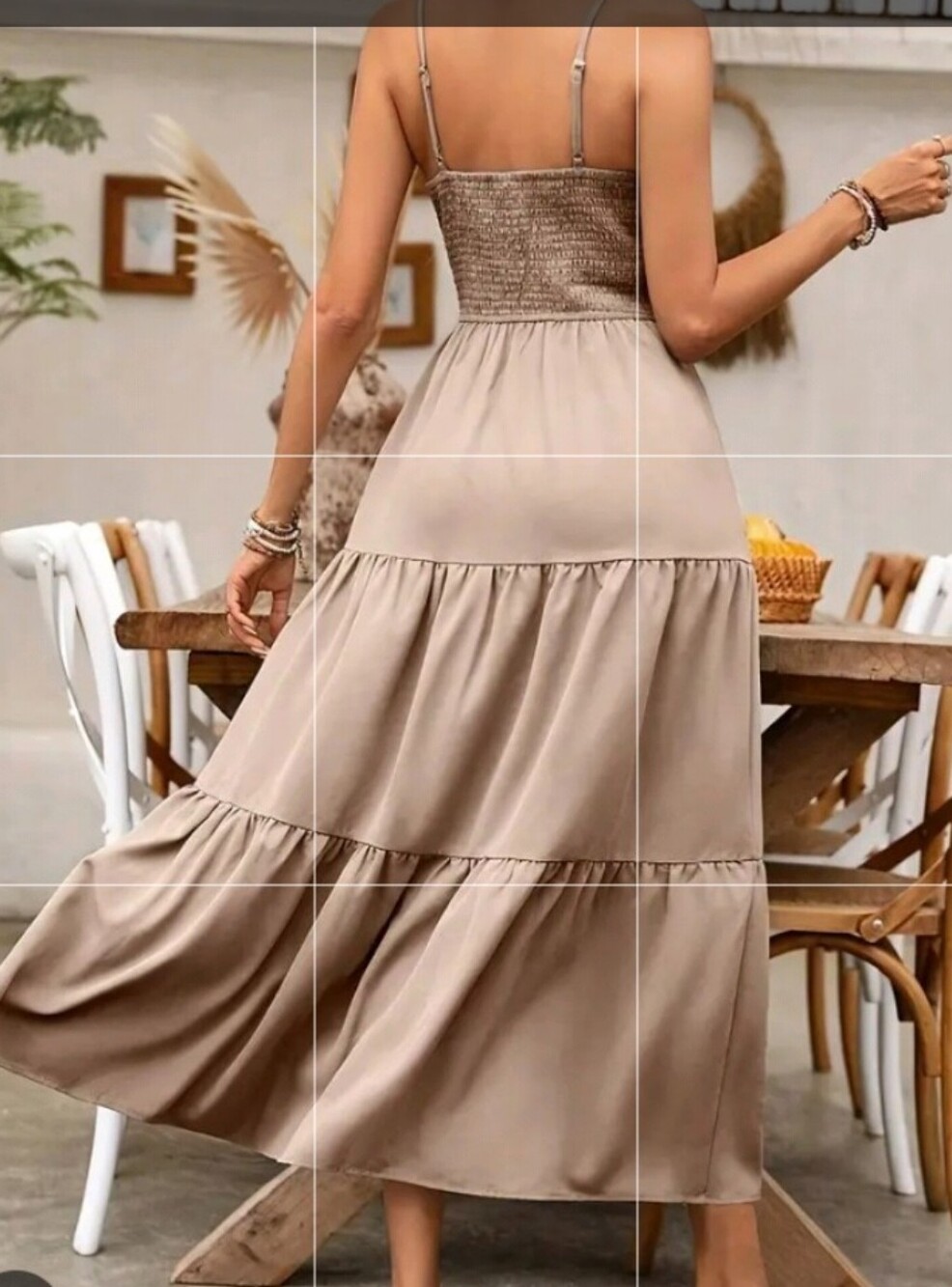 like an angel Beige Tiered Maxi Dress with Smocked Bodice